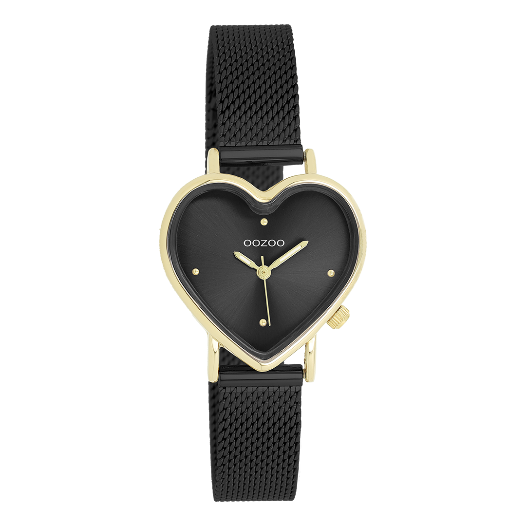 Gold coloured OOZOO watch with black metal mesh bracelet - C11447