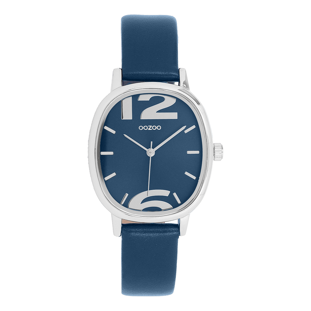 Silver coloured OOZOO watch with dark blue leather strap - C11723