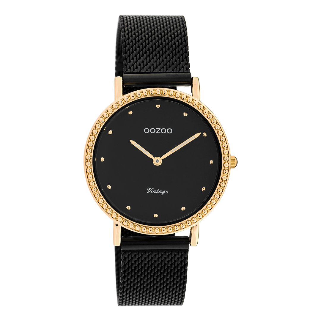 Rose gold coloured OOZOO watch with black metal mesh bracelet - C20059