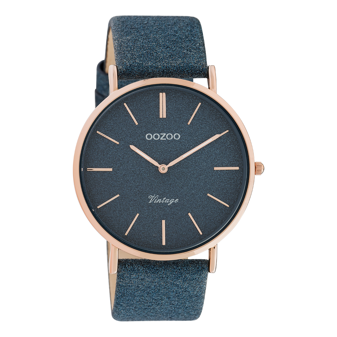 Rose gold coloured OOZOO watch with dark blue leather strap - C20163