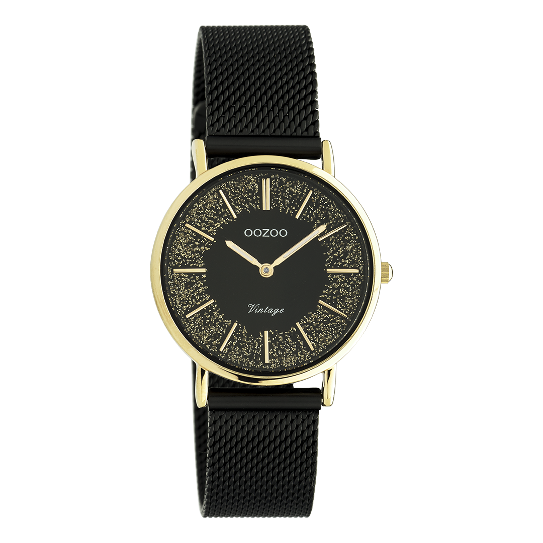 Gold coloured OOZOO watch with black metal mesh bracelet - C20189
