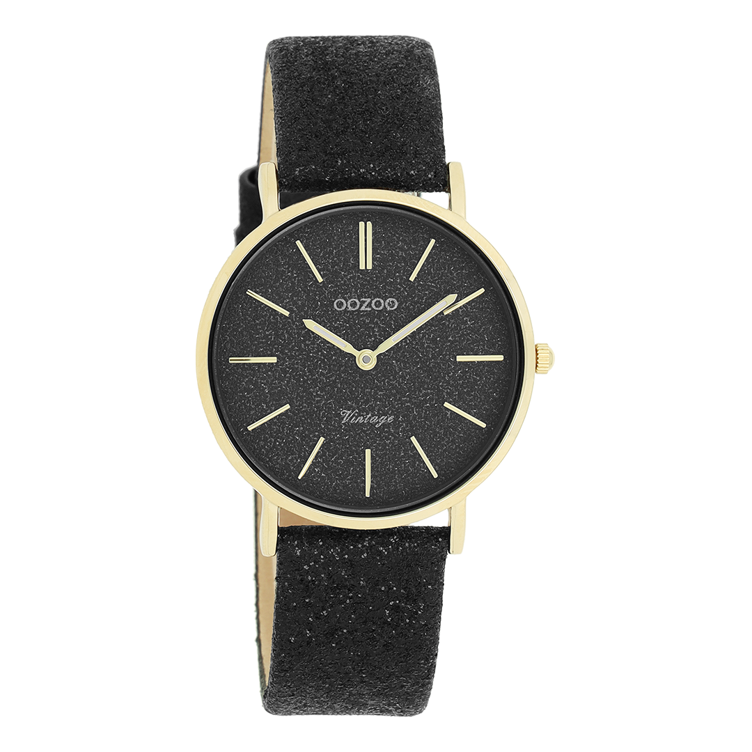 Gold coloured OOZOO watch with black leather strap - C20204