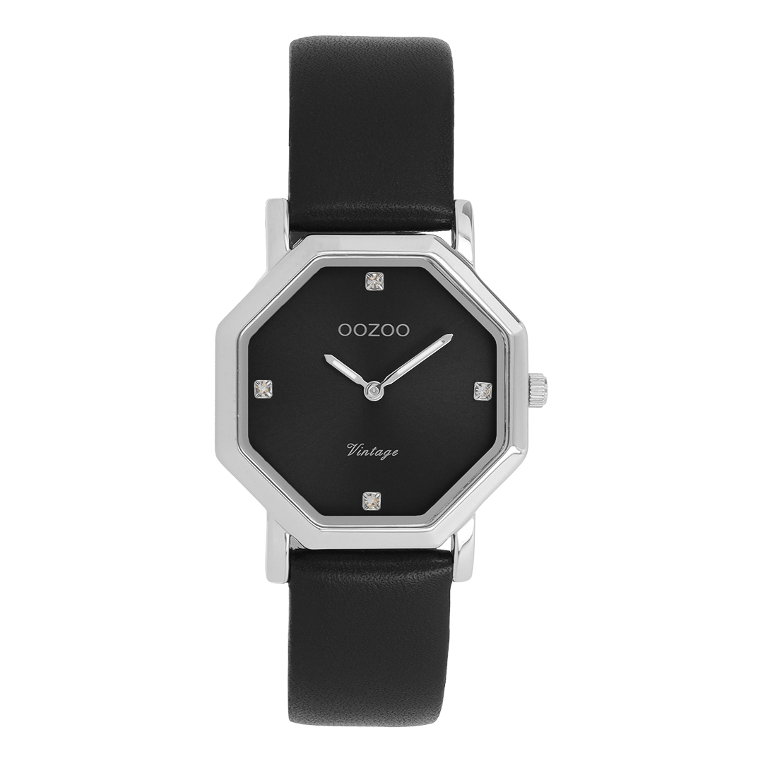 Silver coloured OOZOO watch with black leather strap - C20478