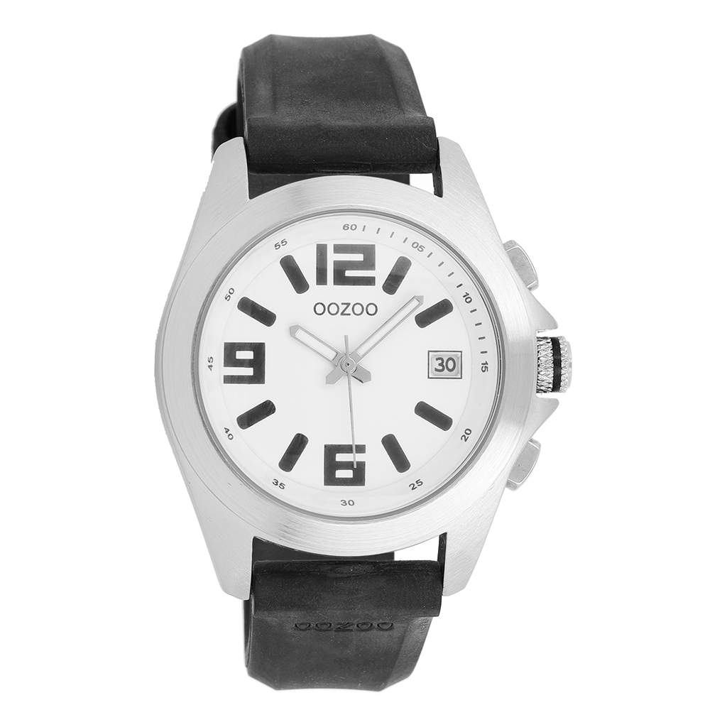 Silver coloured OOZOO watch with black leather strap - C3167