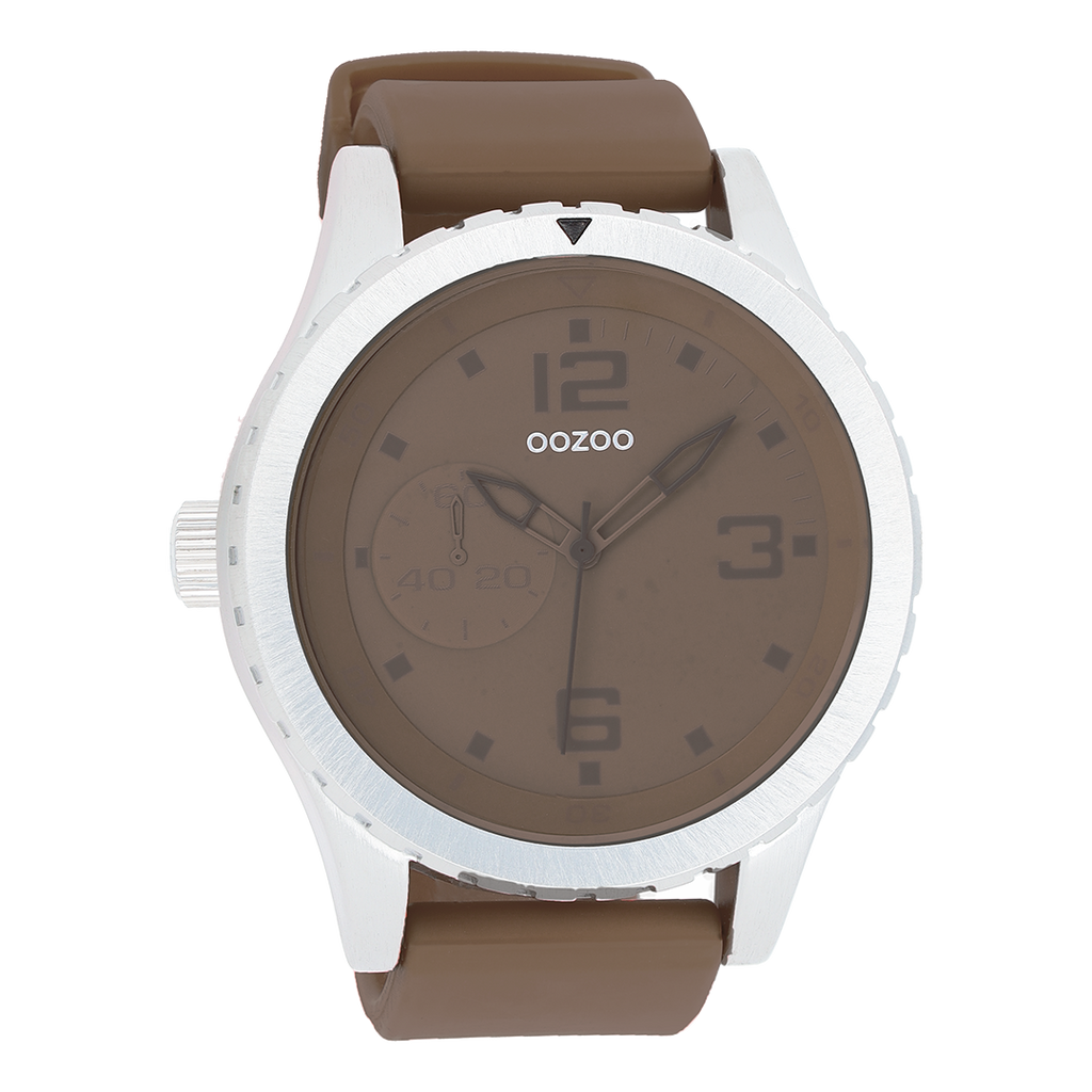 Silver coloured OOZOO watch with dark brown rubber strap - C3672
