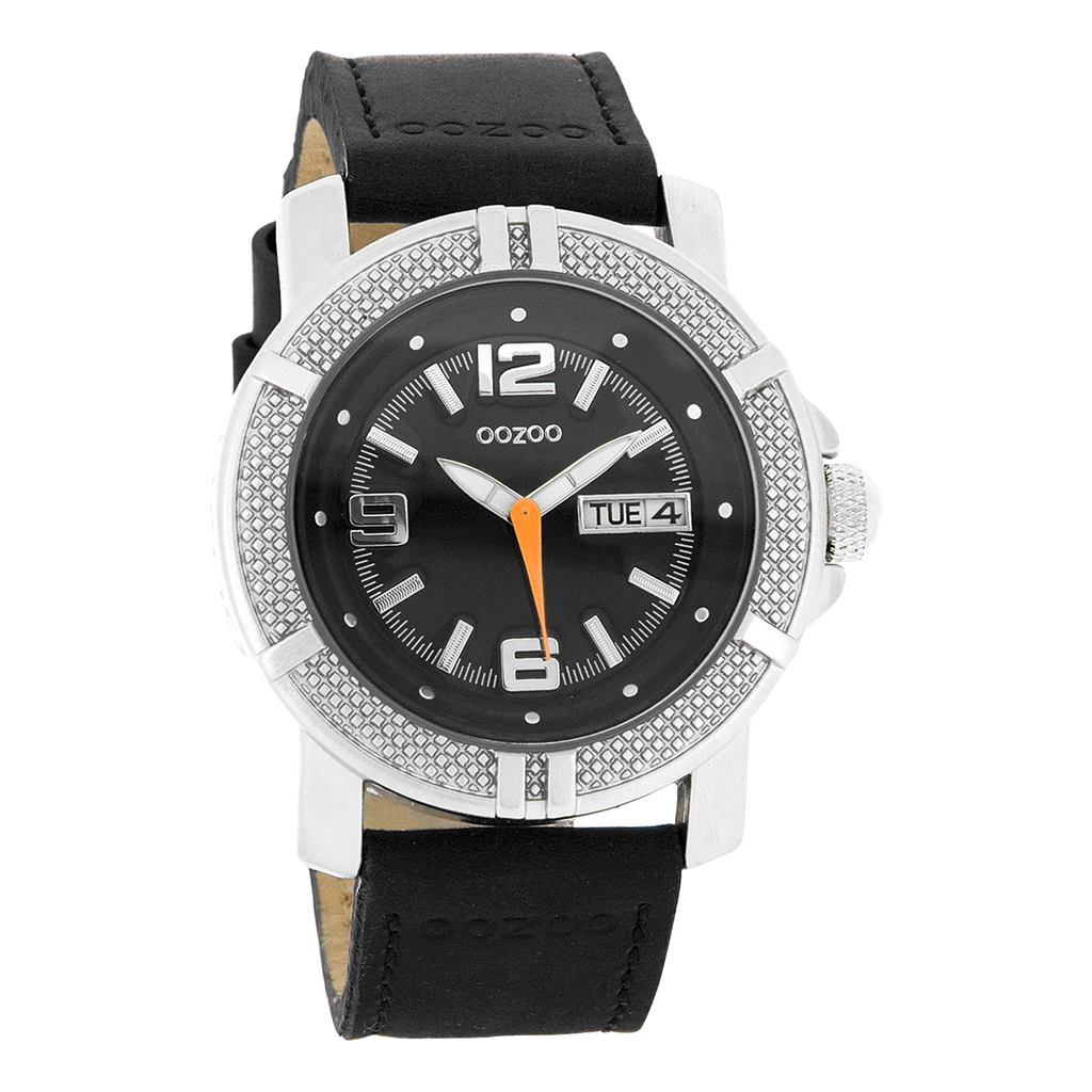 Silver coloured OOZOO watch with black leather strap - C4109