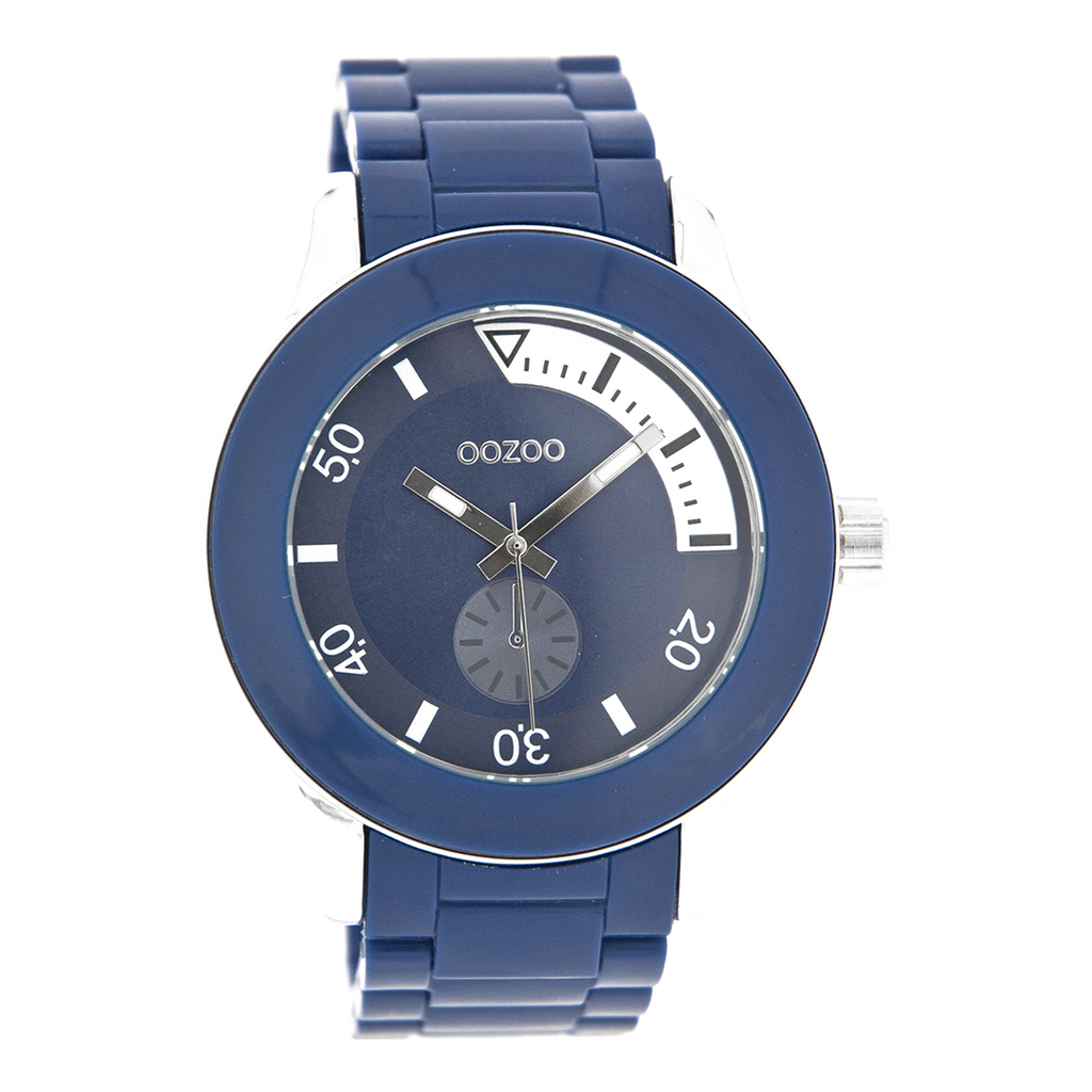 Silver coloured OOZOO watch with dark blue plastic watch strap - C4258