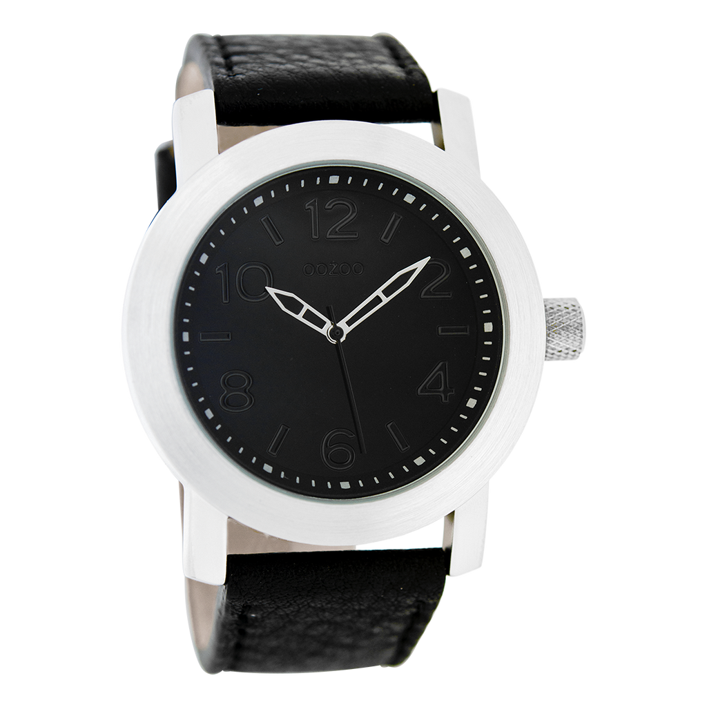 Silver coloured OOZOO watch with black leather strap - C5154