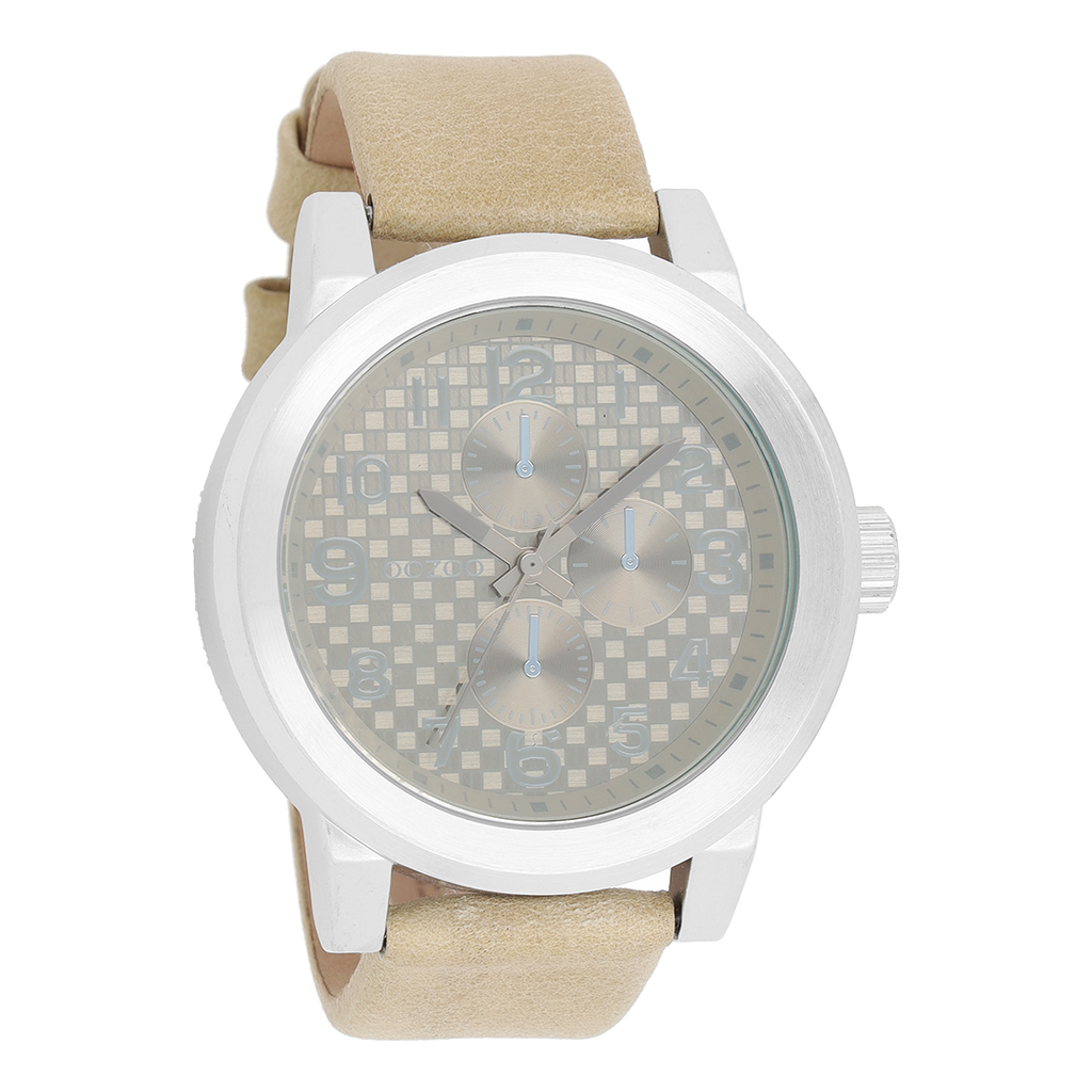 Silver coloured OOZOO watch with beige leather strap - C5581