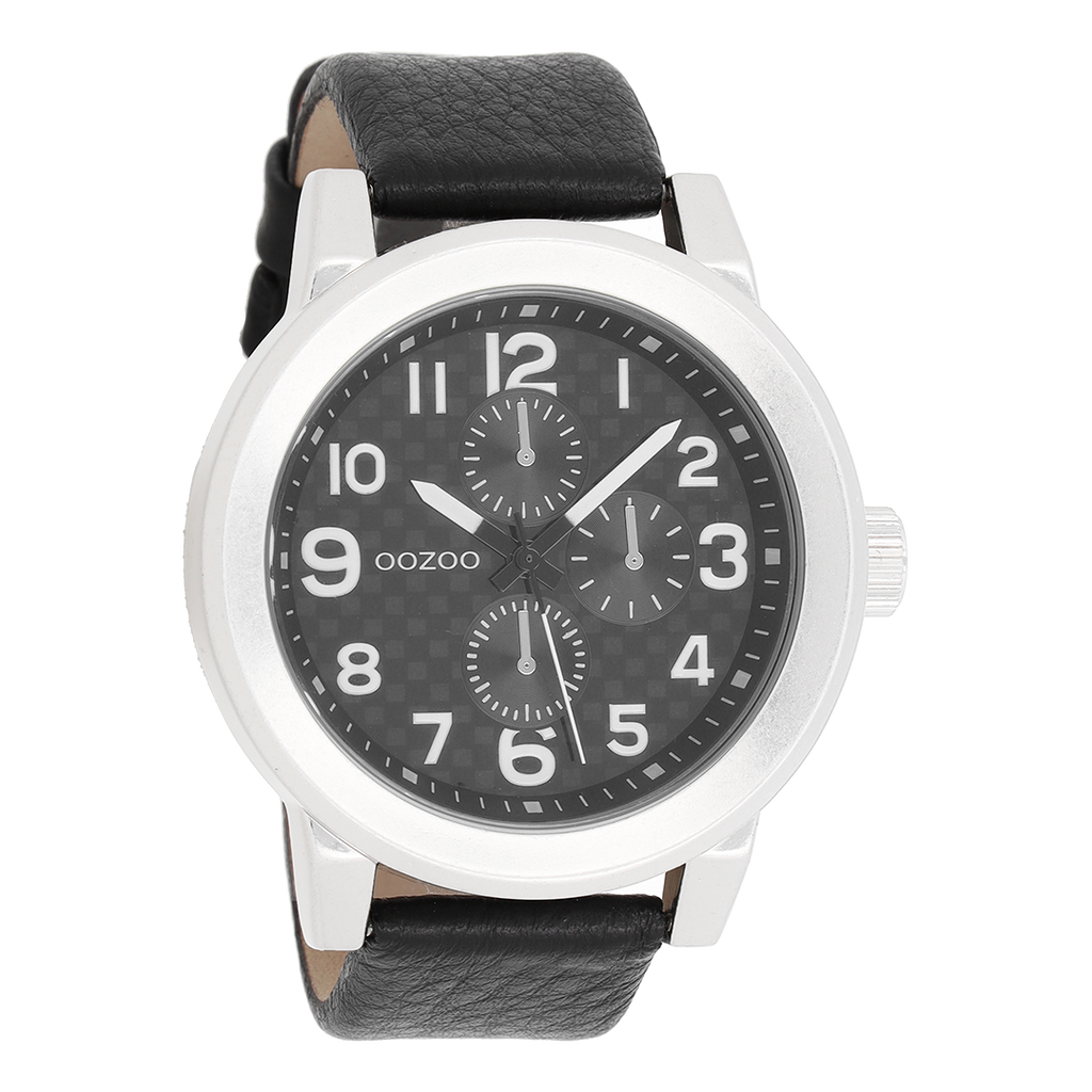 Silver coloured OOZOO watch with black leather strap - C5584