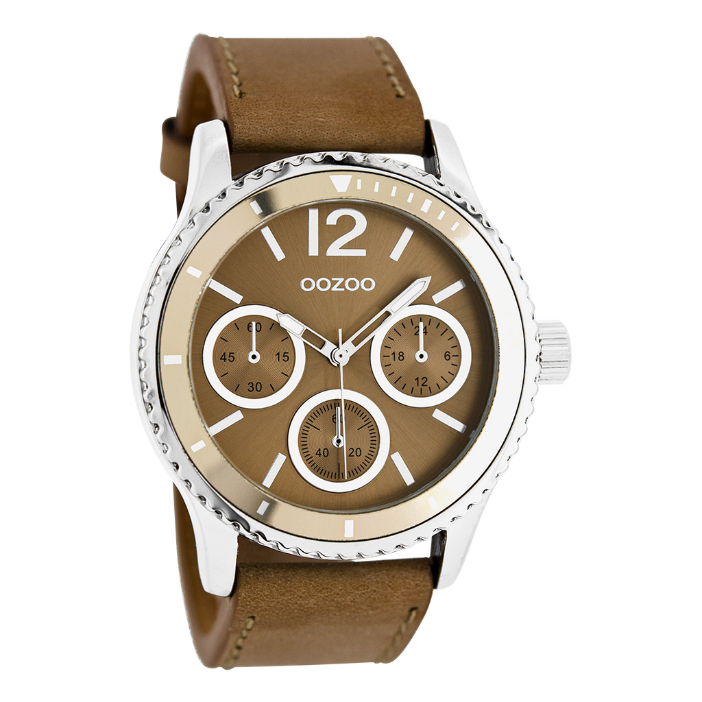 Silver coloured OOZOO watch with brown leather strap - C5677