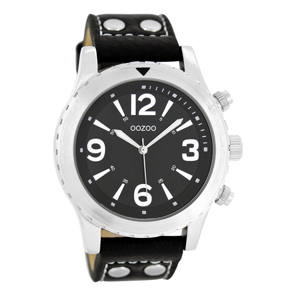 Silver coloured OOZOO watch with black leather strap - C6113