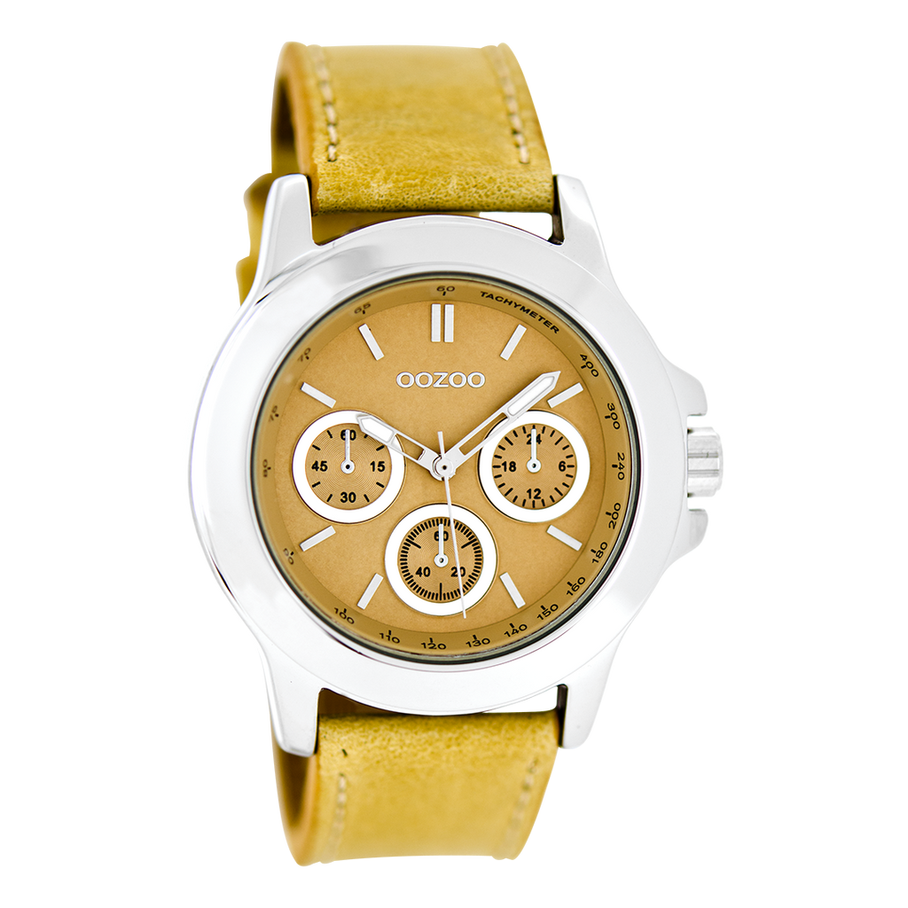 Silver coloured OOZOO watch with beige leather strap - C6185