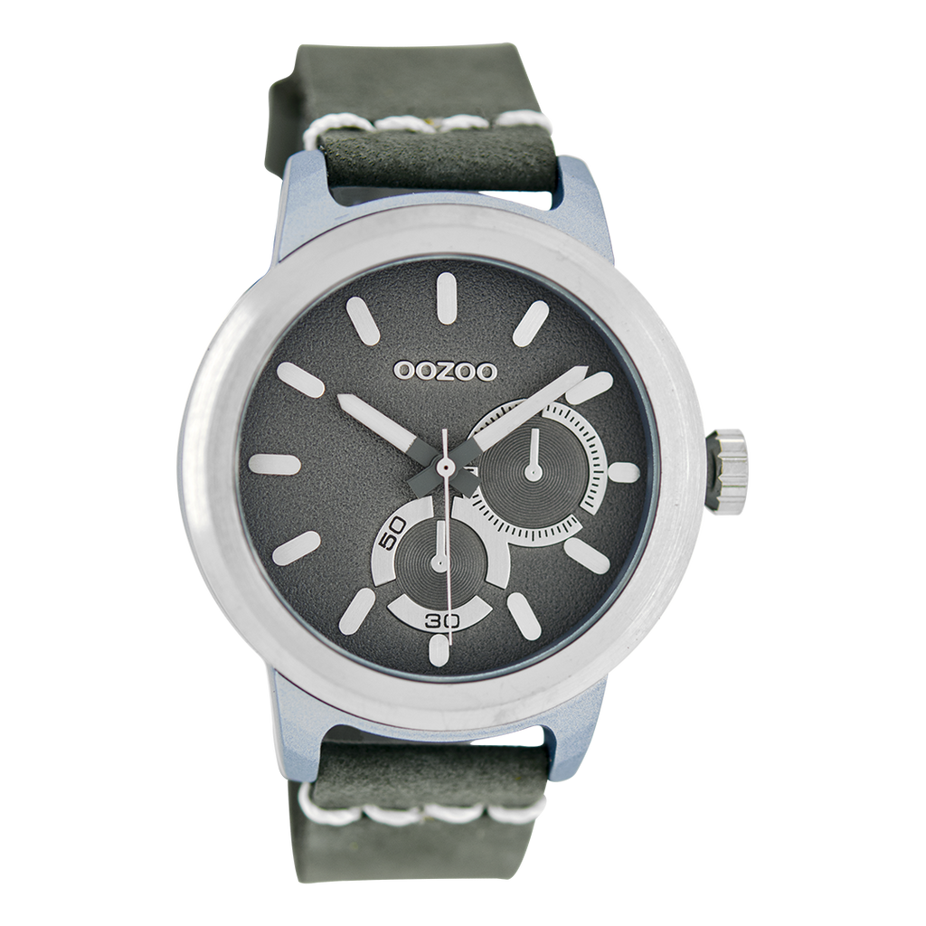 Silver coloured OOZOO watch with aqua grey leather strap - C6207