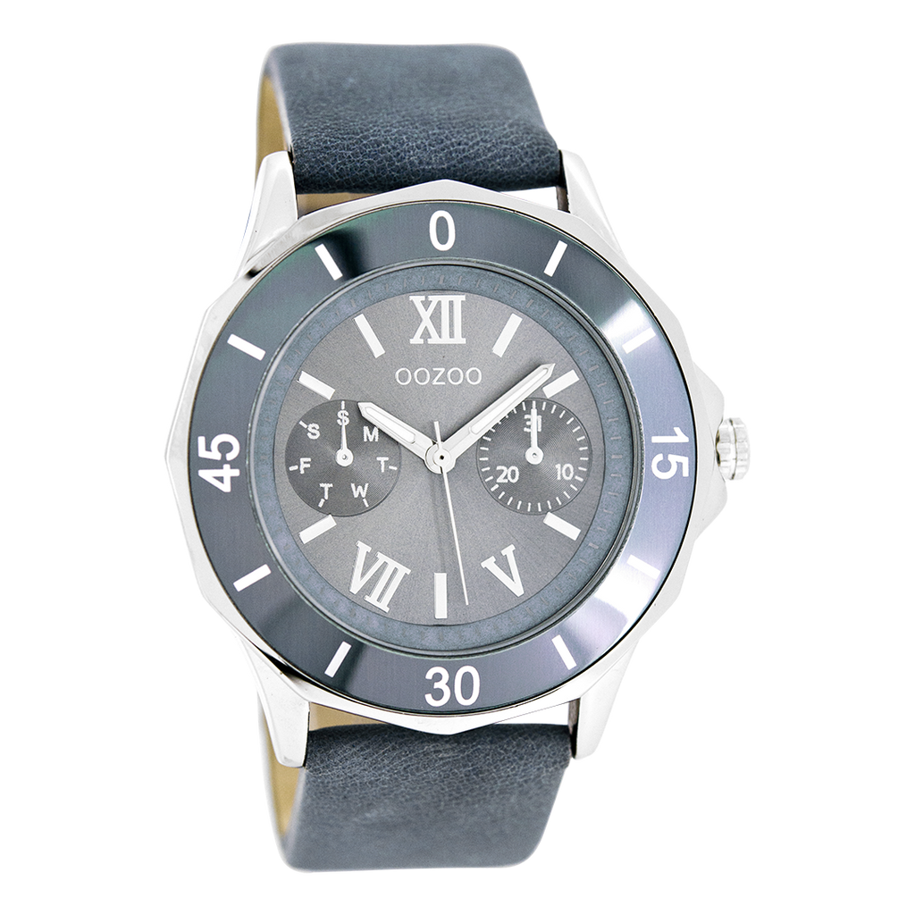 Silver coloured OOZOO watch with blue leather strap - C6257