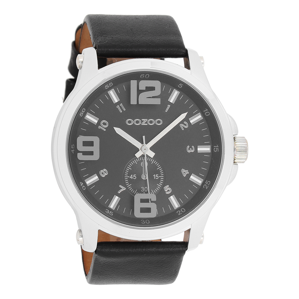 Silver coloured OOZOO watch with black leather strap - C6459