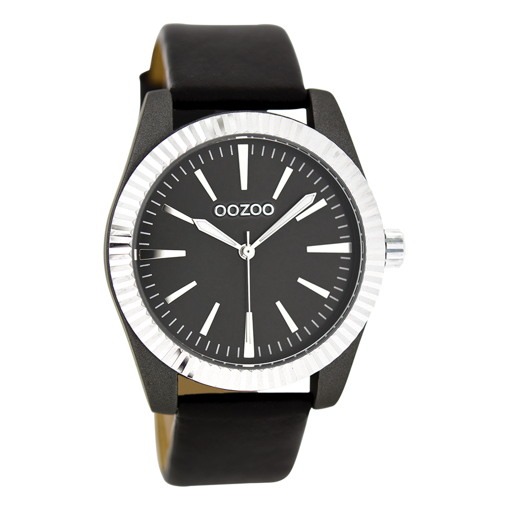 Silver coloured OOZOO watch with black leather strap - C6519