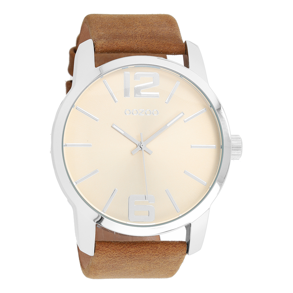 Silver coloured OOZOO watch with brown leather strap - C6701