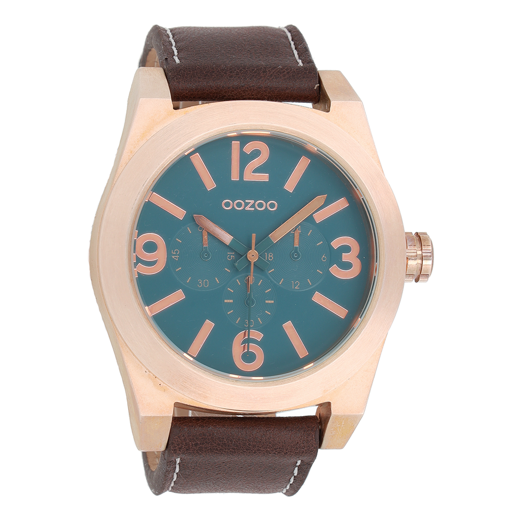 Rose gold coloured OOZOO watch with dark brown leather strap - C6733