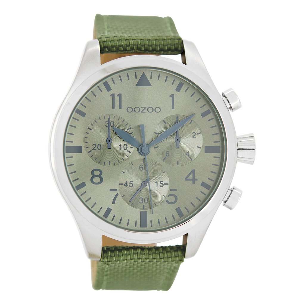 Silver coloured OOZOO watch with green NATO watch strap - C6798