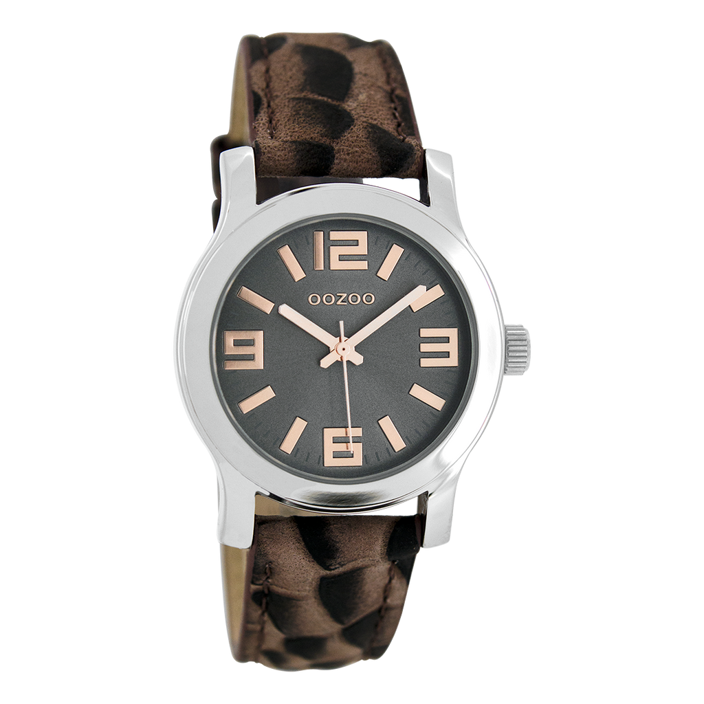 Silver coloured OOZOO watch with brown leather strap - C7129