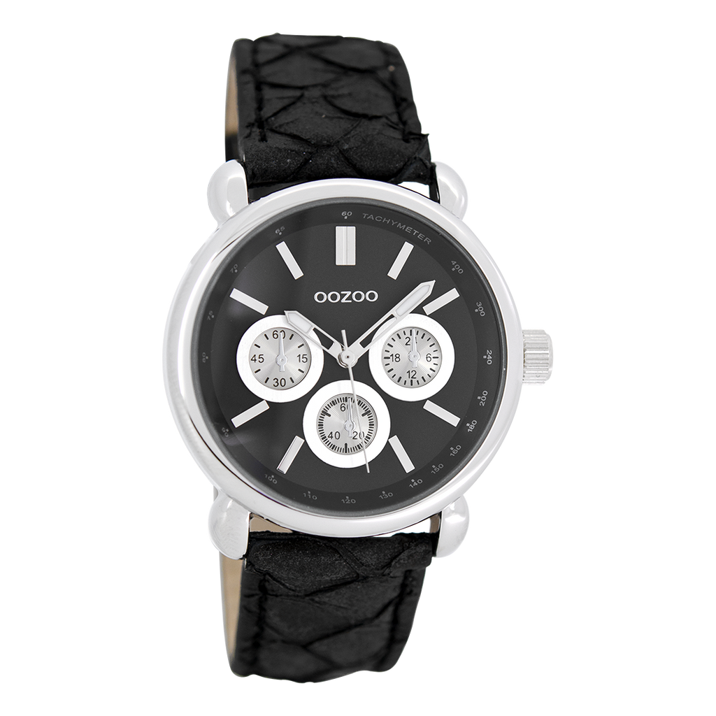 Silver coloured OOZOO watch with black leather strap - C7139