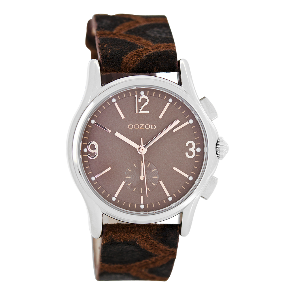 Silver coloured OOZOO watch with brown leather strap - C7229