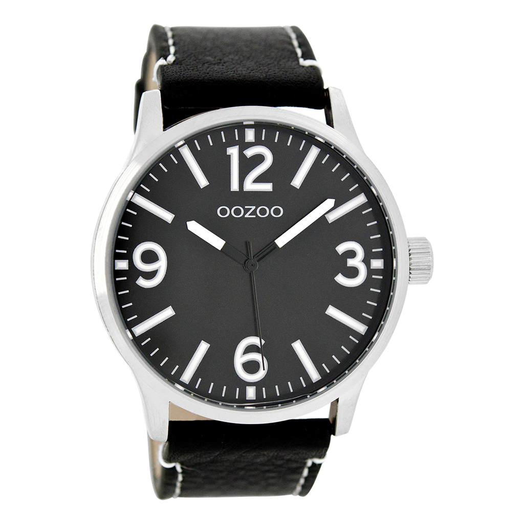 Silver coloured OOZOO watch with black leather strap - C7409