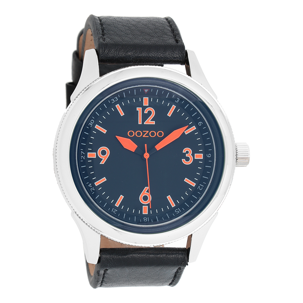 Silver coloured OOZOO watch with black leather strap - C7479