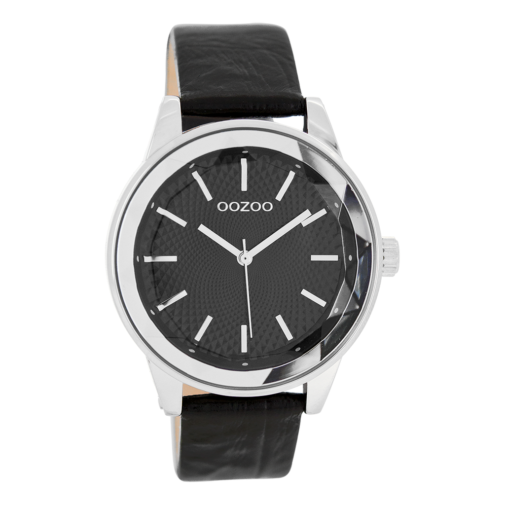 Silver coloured OOZOO watch with black leather strap - C7534