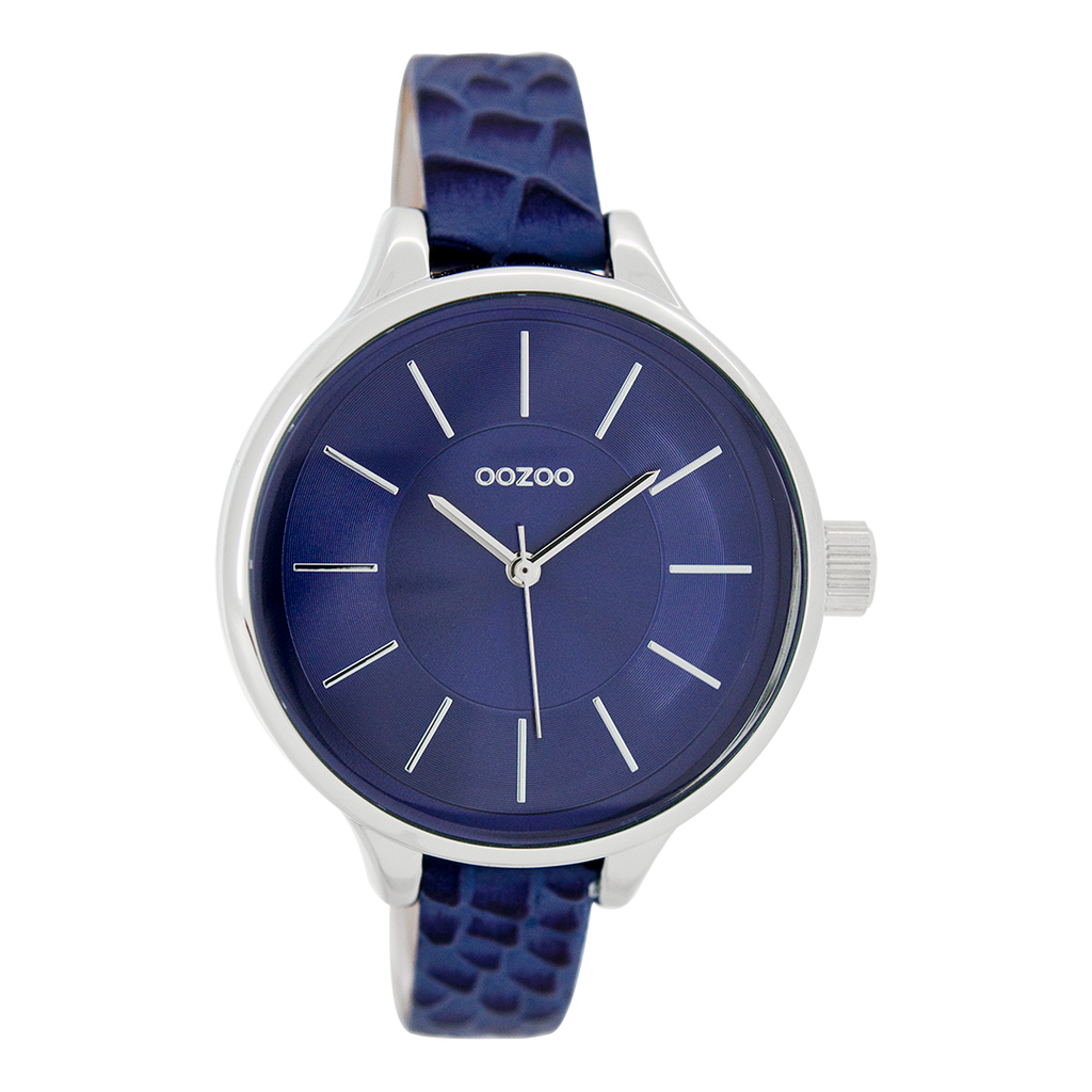 Silver coloured OOZOO watch with dark blue leather strap - C7548