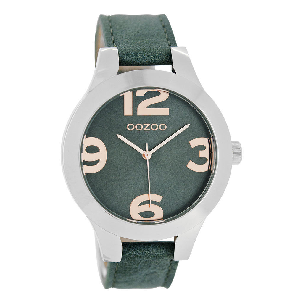 Silver coloured OOZOO watch with aqua green leather strap - C7593