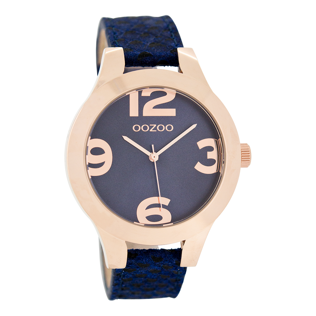 Rose gold coloured OOZOO watch with dark blue leather strap - C7598