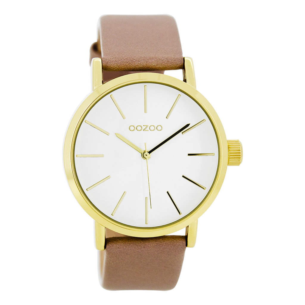 Gold coloured OOZOO watch with pink grey leather strap - C7680