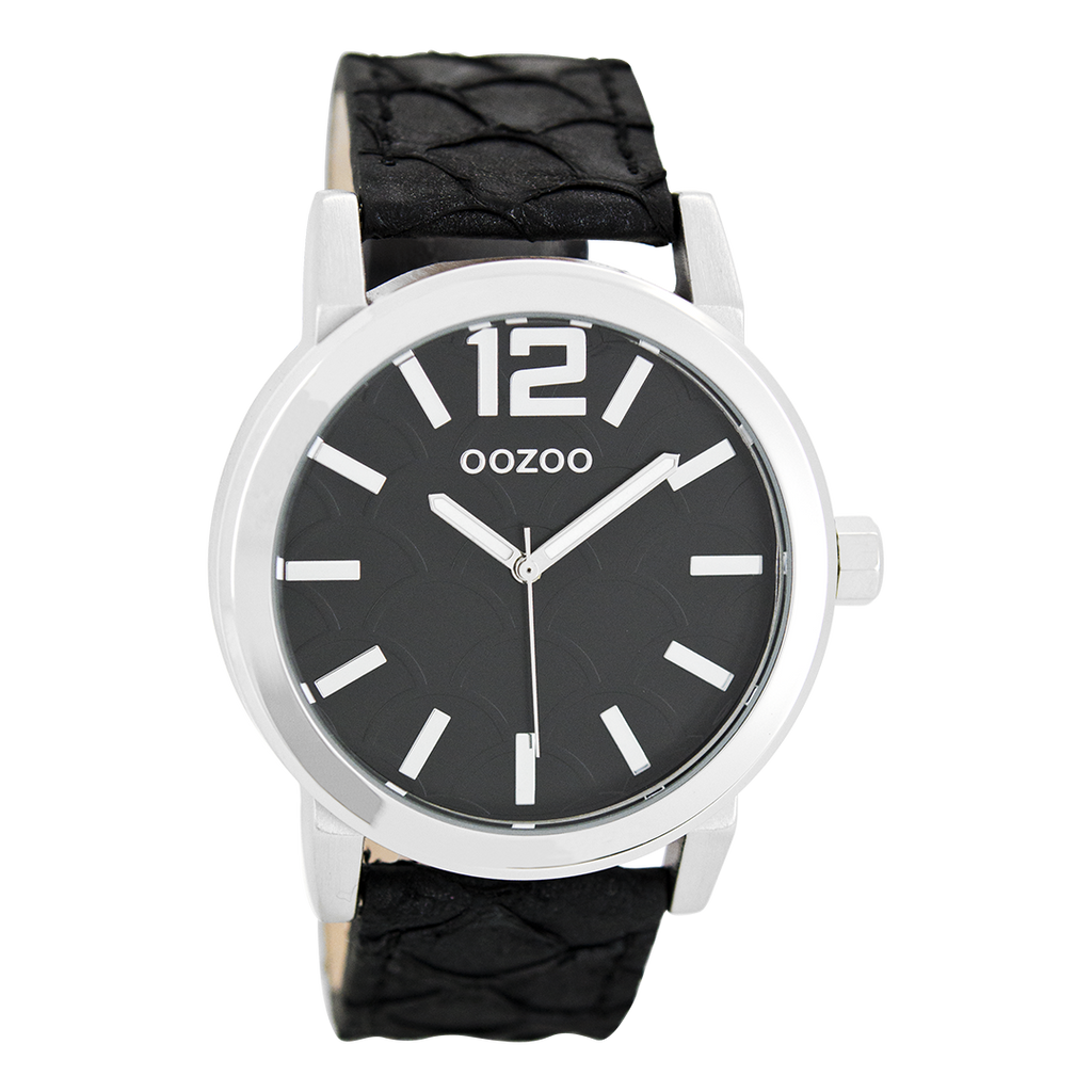 Silver coloured OOZOO watch with black leather strap - C7999