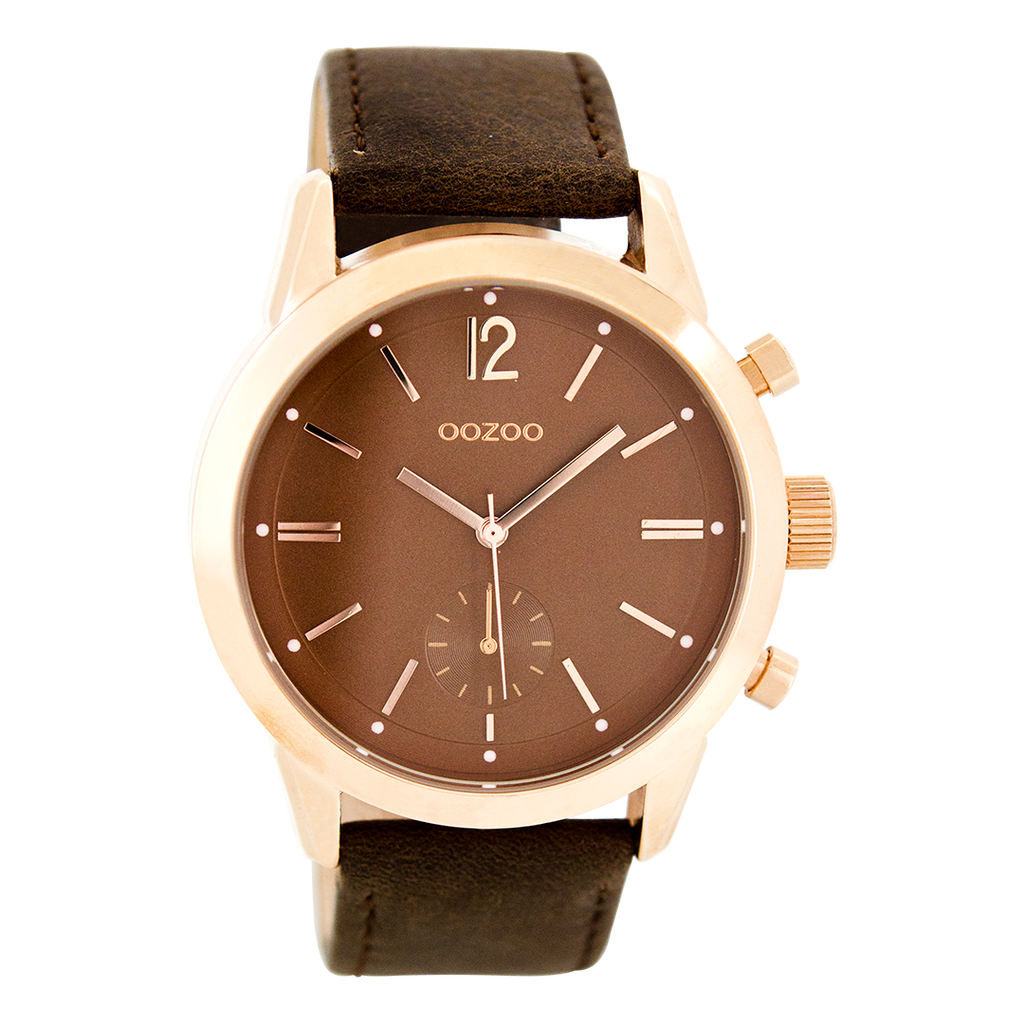 Rose gold coloured OOZOO watch with dark brown leather strap - C8014