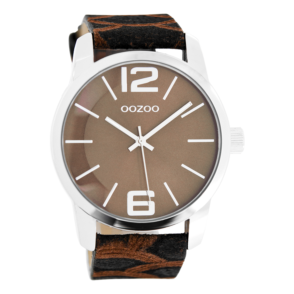 Silver coloured OOZOO watch with brown leather strap - C8042