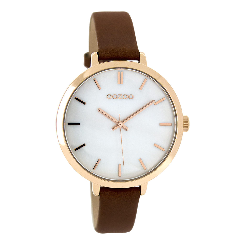 Rose gold coloured OOZOO watch with brown leather strap - C8358
