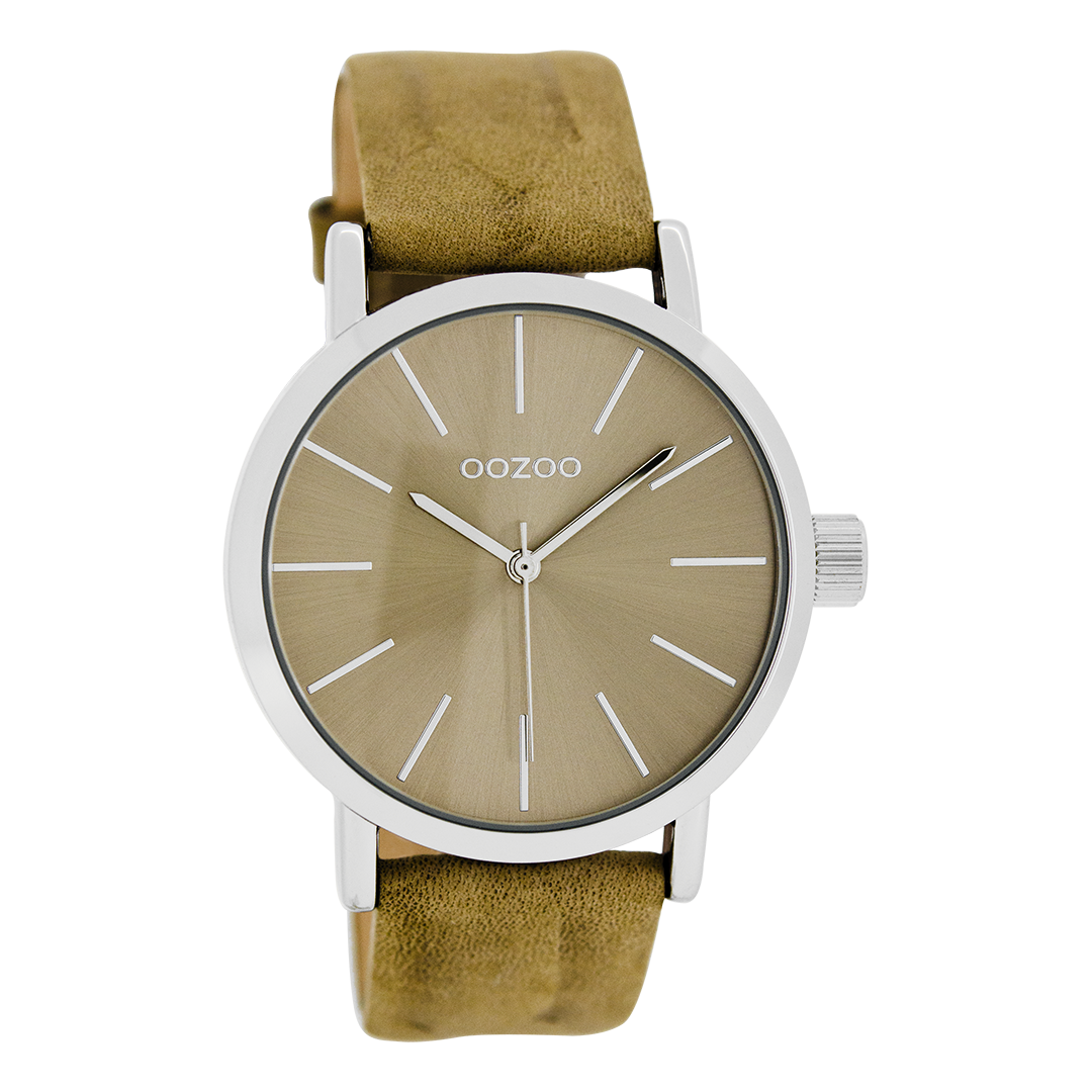Silver coloured OOZOO watch with sand leather strap - C8420