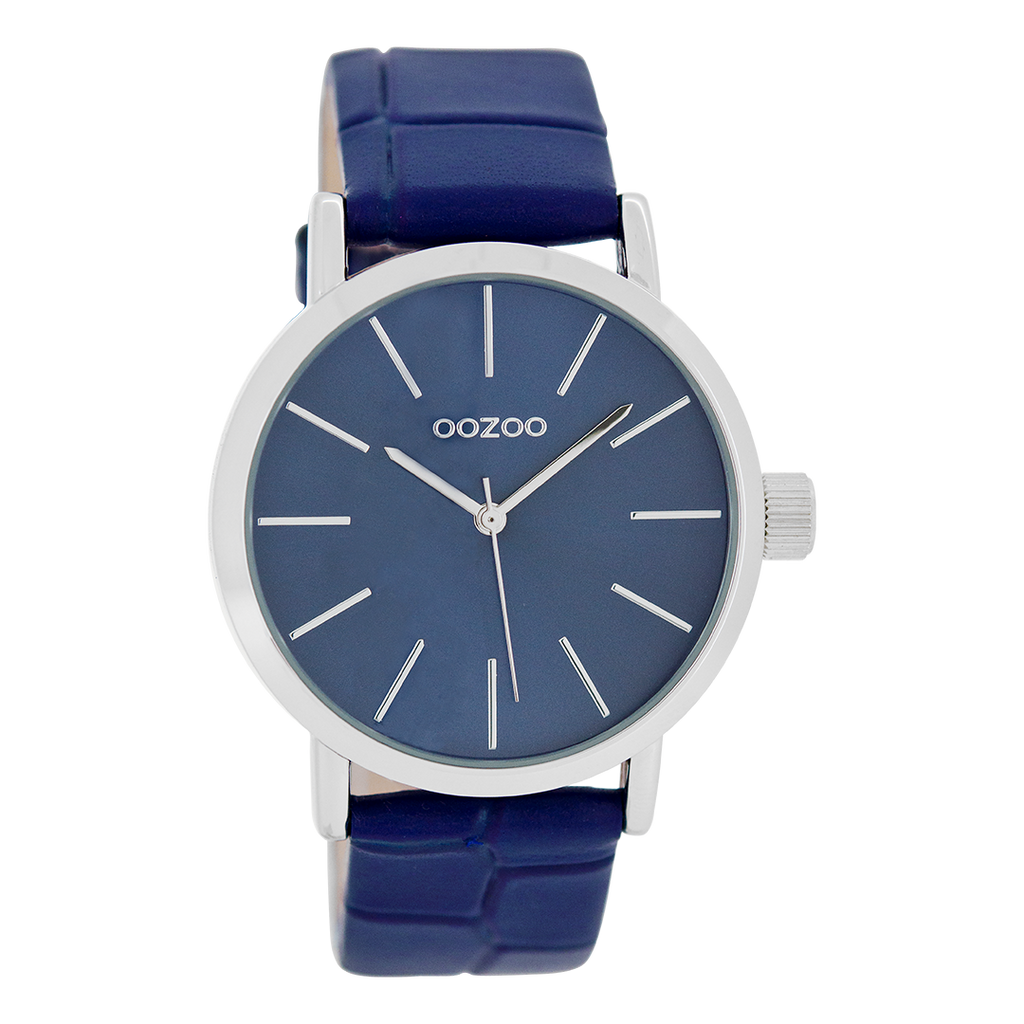 Silver coloured OOZOO watch with blue leather strap - C8422