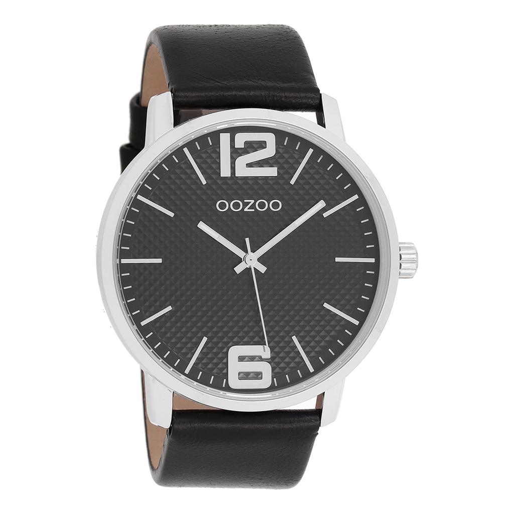 Silver coloured OOZOO watch with black leather strap - C8504