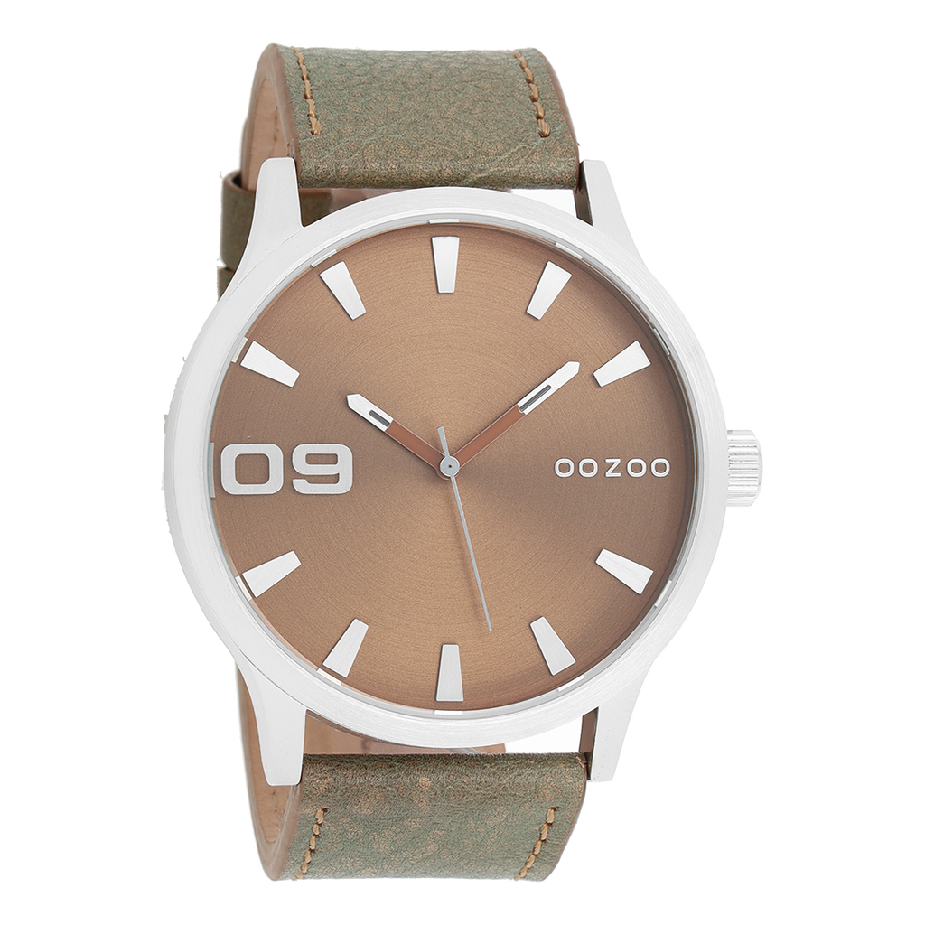 Silver coloured OOZOO watch with brown leather strap - C8530