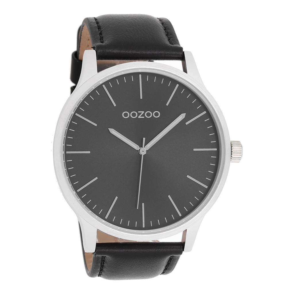 Silver coloured OOZOO watch with black leather strap - C8539