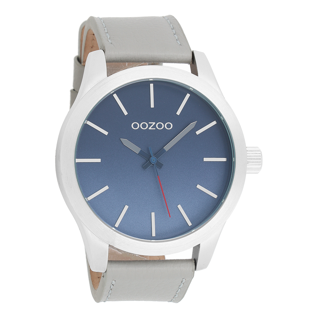 Silver coloured OOZOO watch with light grey leather strap - C8555