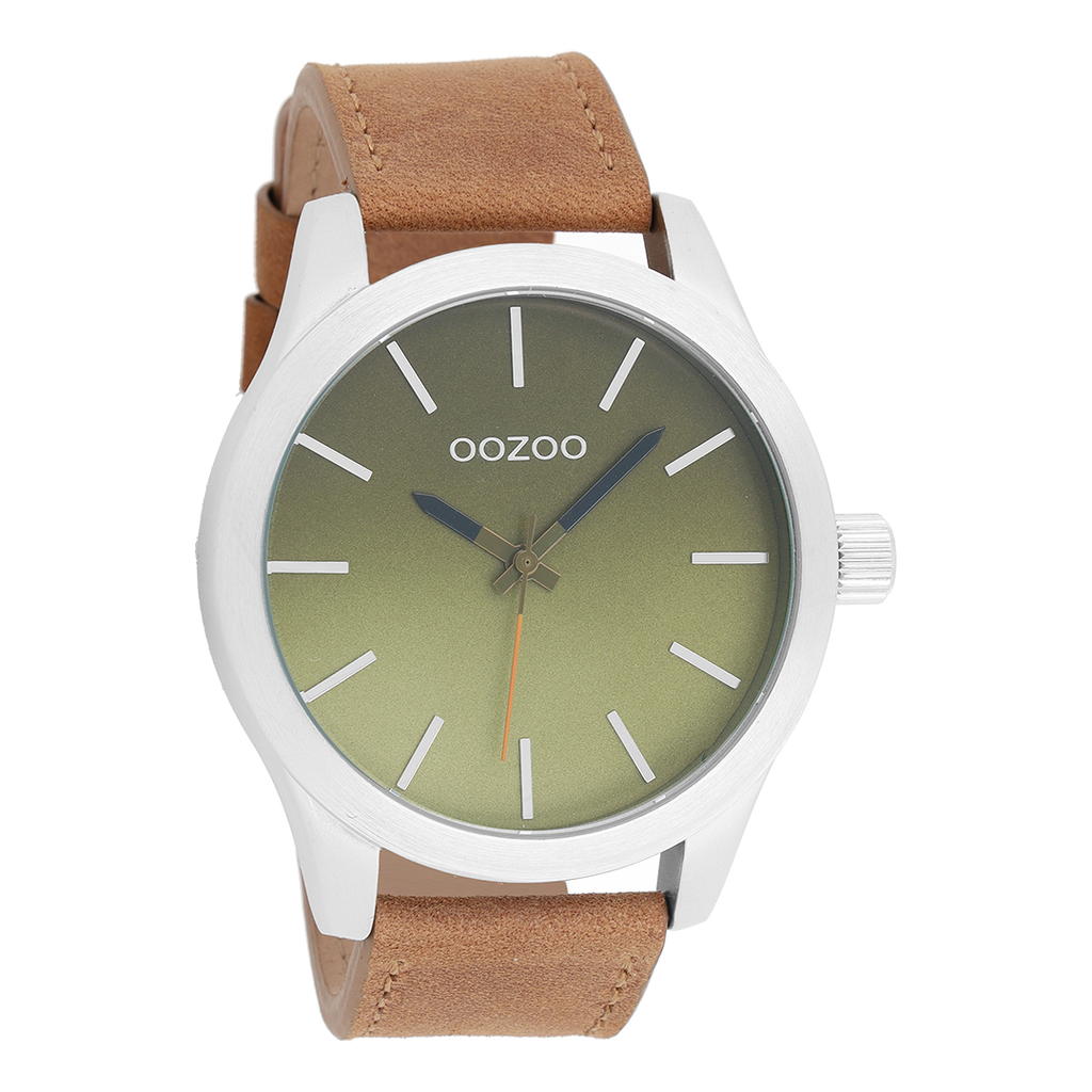 Silver coloured OOZOO watch with brown leather strap - C8556