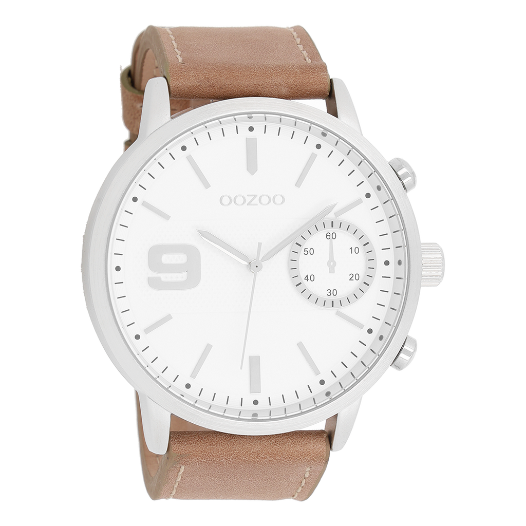 Silver coloured OOZOO watch with brown leather strap - C8580