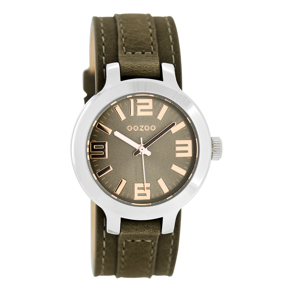 Silver coloured OOZOO watch with dark brown leather strap - C8708