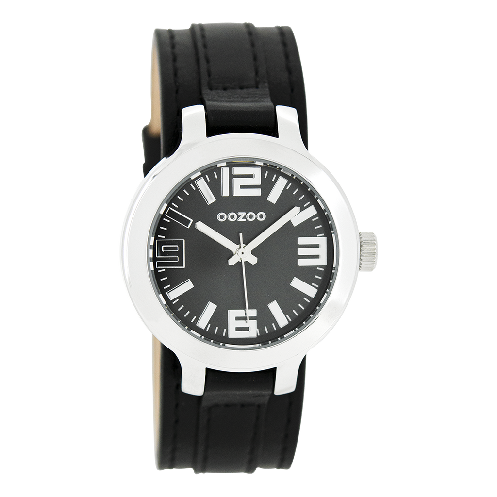 Silver coloured OOZOO watch with black leather strap - C8709