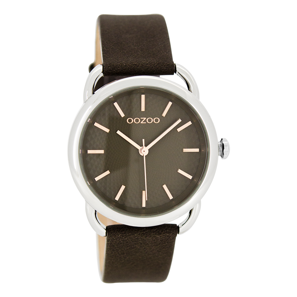 Silver coloured OOZOO watch with brown leather strap - C8719