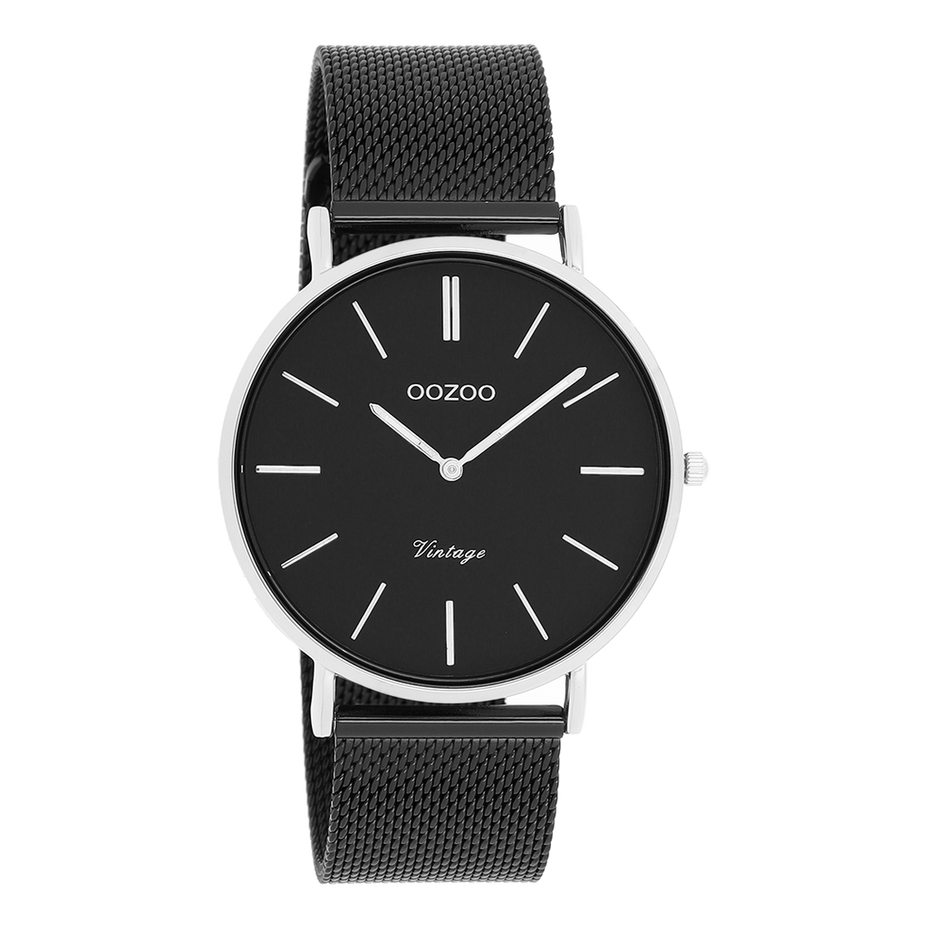 Silver coloured OOZOO watch with black metal mesh bracelet - C8865